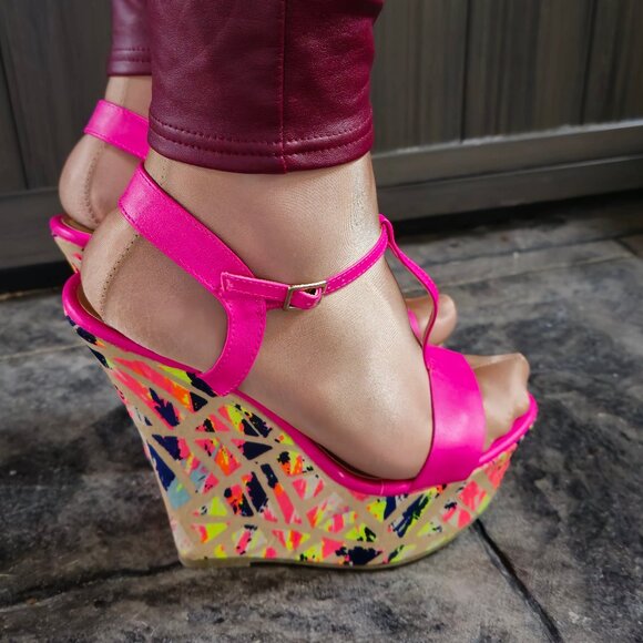 BAMBOO Shoes - Hot Pink wedge sandals with almost 7 inch heel